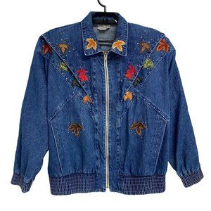 Vintage 80s Pado women's jean jacket embroidery leaf blue full zip size M